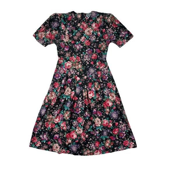 Vintage Forenza Floral Dress Large Puff Sleeve Drop Waist 80s Midi Made USA - Picture 3 of 9